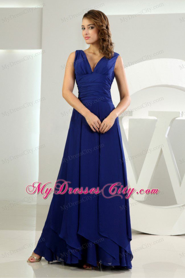 V-neck Chiffon Ruched Royal Blue Prom Dress for Wedding Party