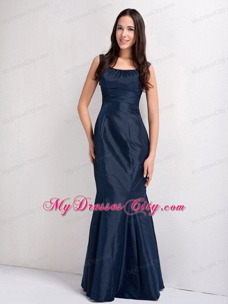 Scoop Mermaid Navy Blue Ruched Prom Dress for Wedding Party