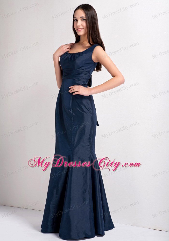 Scoop Mermaid Navy Blue Ruched Prom Dress for Wedding Party