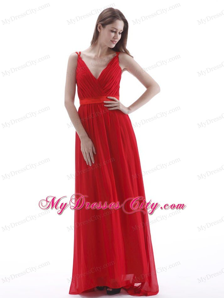 V-neck Red Ruching Sashed Prom Dress for Formal Evening