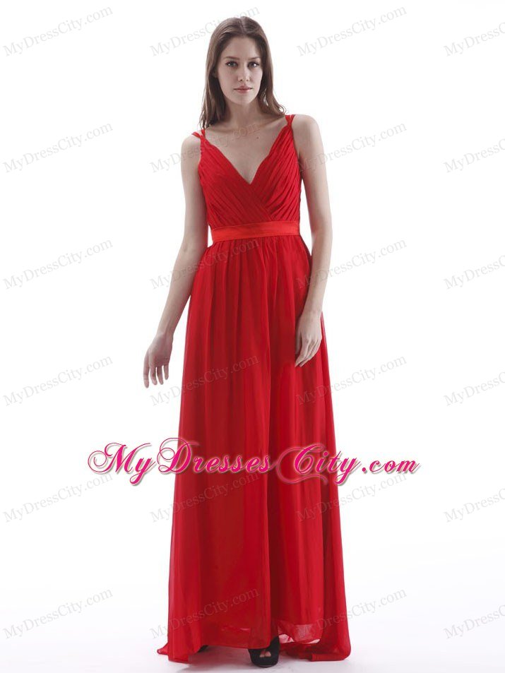V-neck Red Ruching Sashed Prom Dress for Formal Evening
