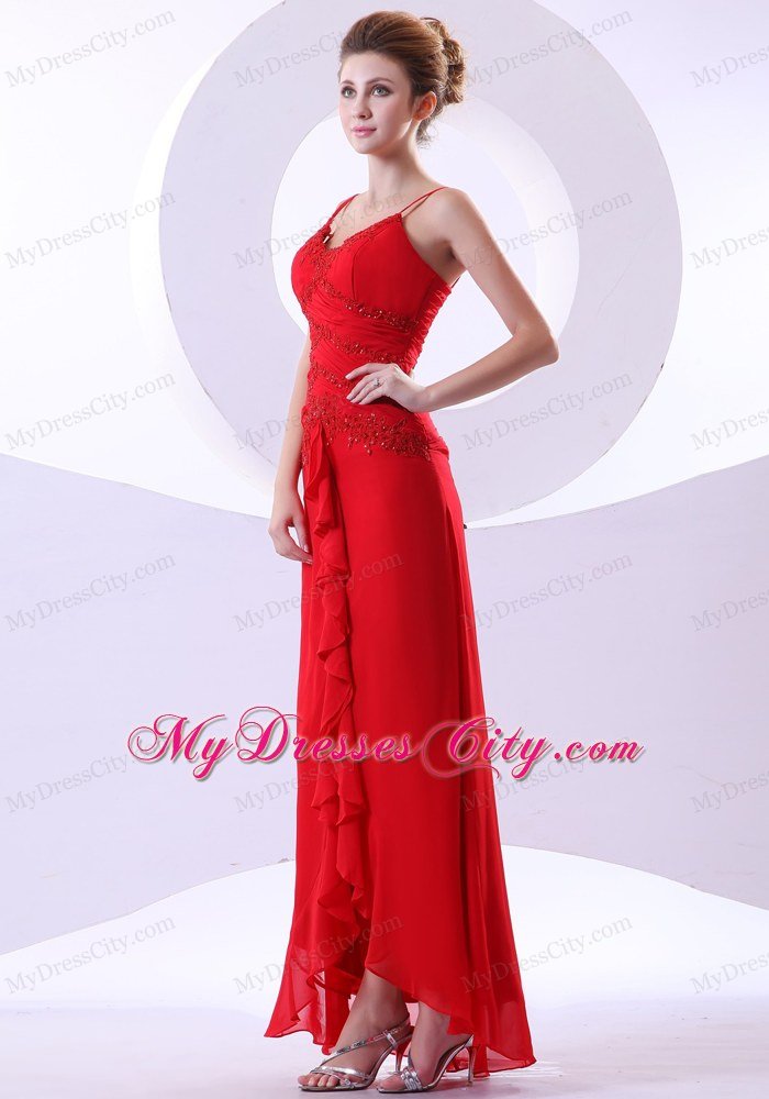 Red Spaghetti Straps Beading Layered Chiffon Prom Dresses
