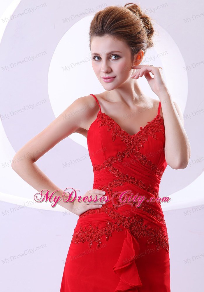 Red Spaghetti Straps Beading Layered Chiffon Prom Dresses