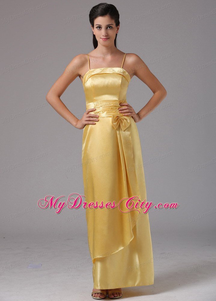 Yellow Spagetti Straps Bowknot Decorate Layered Prom Dresses