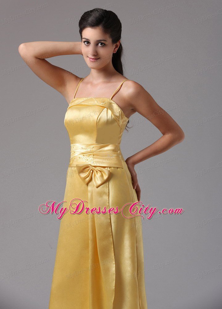 Yellow Spagetti Straps Bowknot Decorate Layered Prom Dresses