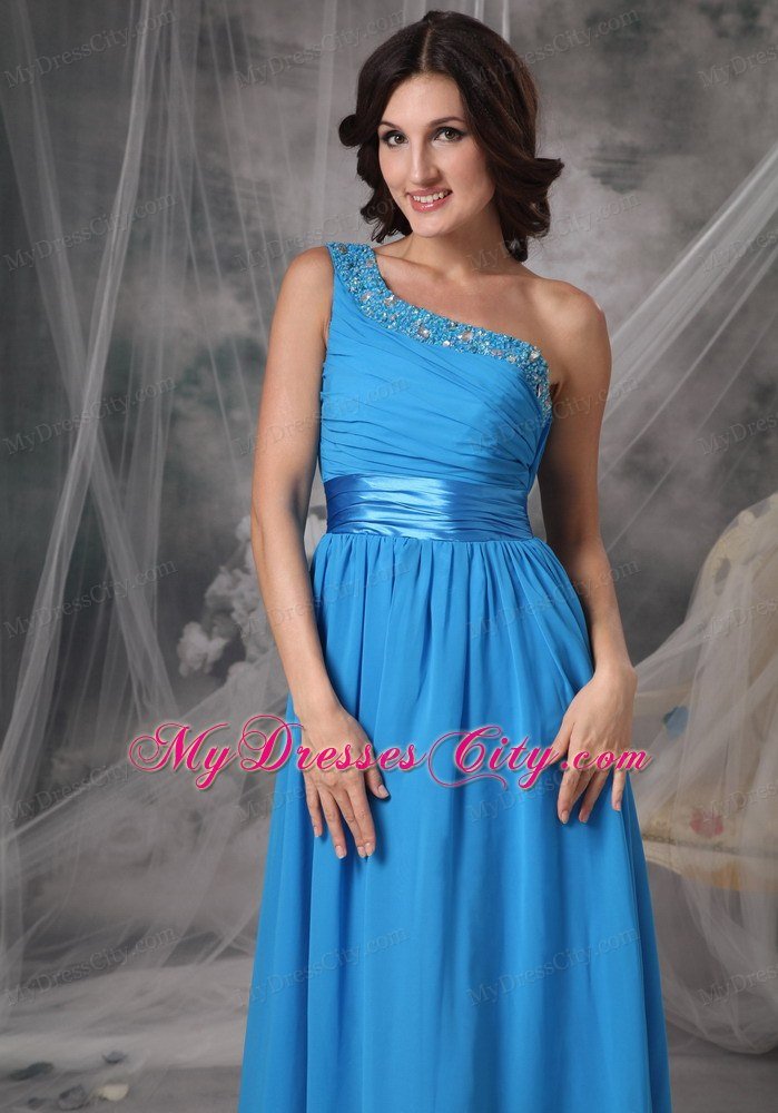Beading One Shoulder Sky Blue Ruching Prom Dresses with Belt