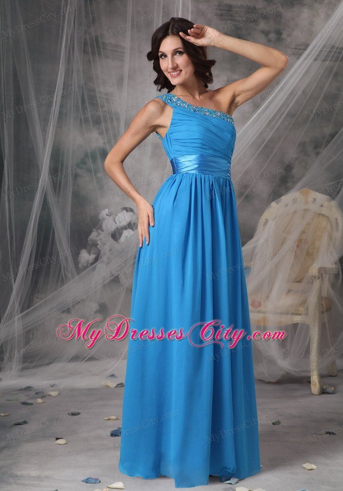 Beading One Shoulder Sky Blue Ruching Prom Dresses with Belt