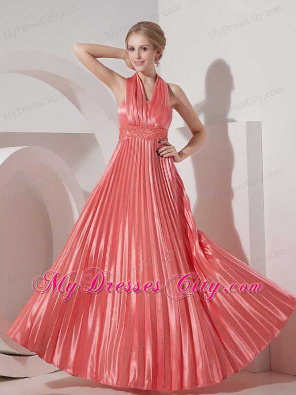 Watermelon Red Pleated Halter Prom Evening Dresses Beading