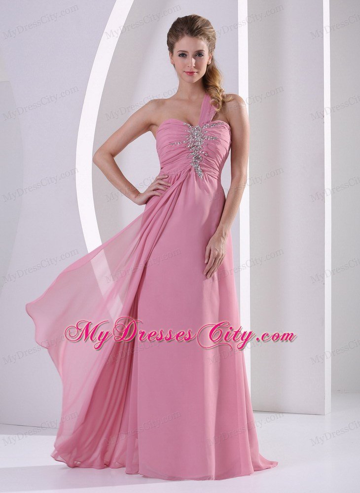 One Shoulder Chiffon Ruched Prom Evening Dress Rose Pink