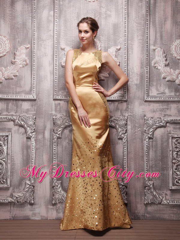 Gold Sequin Bateau Prom Pageant Dress Beading Brush Train