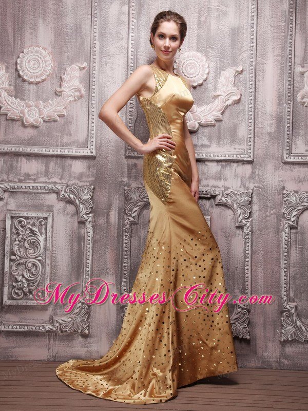 Gold Sequin Bateau Prom Pageant Dress Beading Brush Train