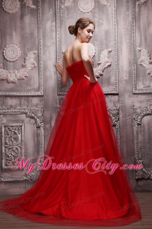 Layered Red Net Beading Prom Dresses Sweetheart Brush Train