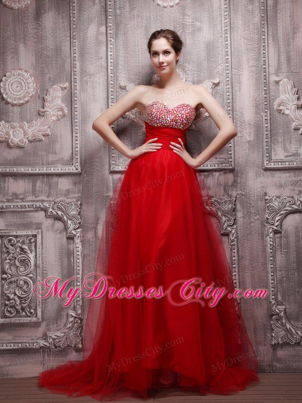 Layered Red Net Beading Prom Dresses Sweetheart Brush Train