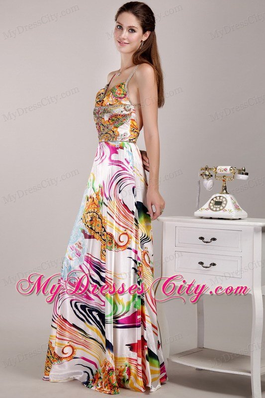 Beautiful Empire Straps Colorful Printed Beaded Prom Dress
