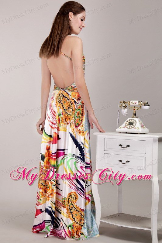 Beautiful Empire Straps Colorful Printed Beaded Prom Dress