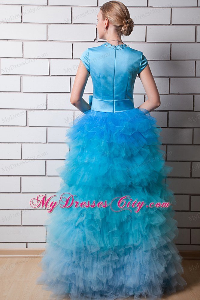 Aqua Blue Beaded Square Neck Prom Dress with Bow and Ruffles