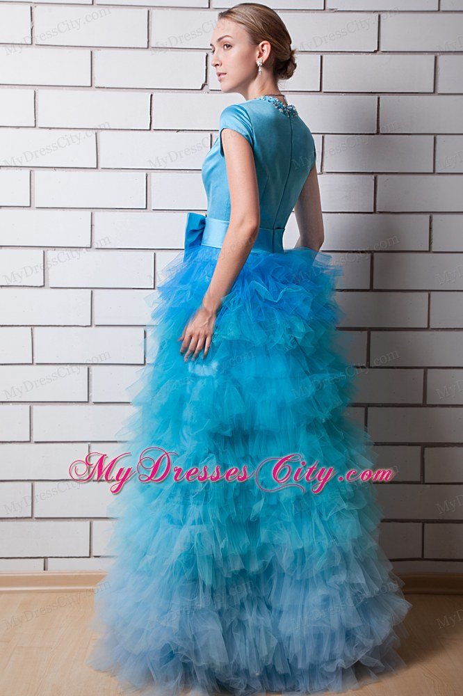 Aqua Blue Beaded Square Neck Prom Dress with Bow and Ruffles