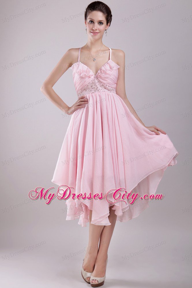 Spaghetti Straps Asymmetrical Pink Empire Prom Dress Chiffon