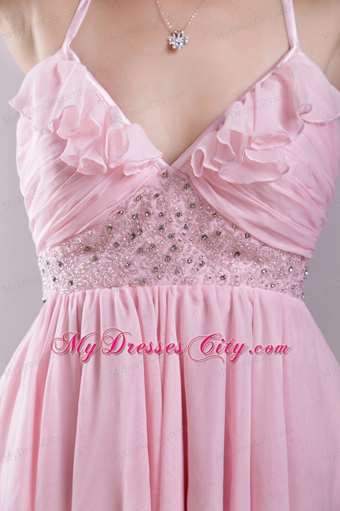 Spaghetti Straps Asymmetrical Pink Empire Prom Dress Chiffon