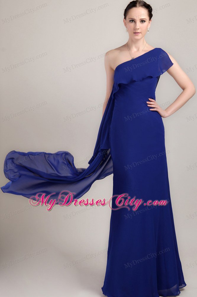 One Shoulder Blue Column Floor-length Chiffon Prom Dress