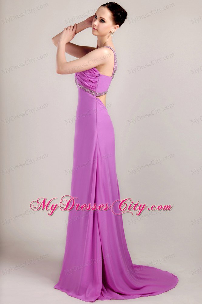 Lavender V-neck with Brush Train Beading and Ruche Prom Dress