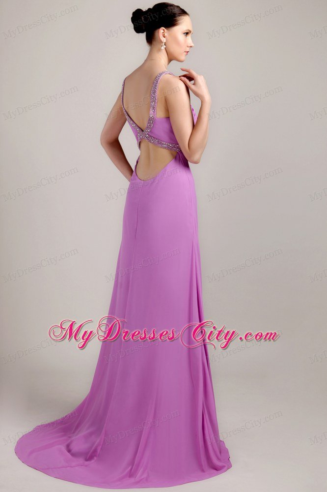Lavender V-neck with Brush Train Beading and Ruche Prom Dress
