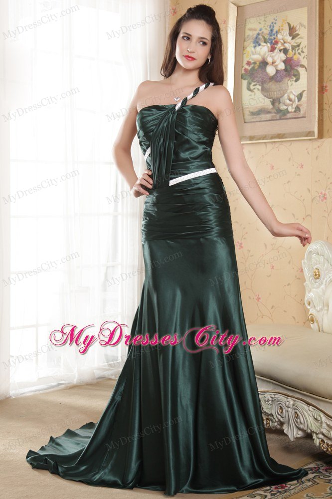 One Shoulder Dark Green with Court Train Ruche Prom Dress