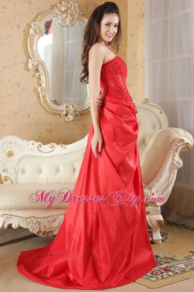 With Brush Train Red A-line Strapless Prom Dress Taffeta Lace