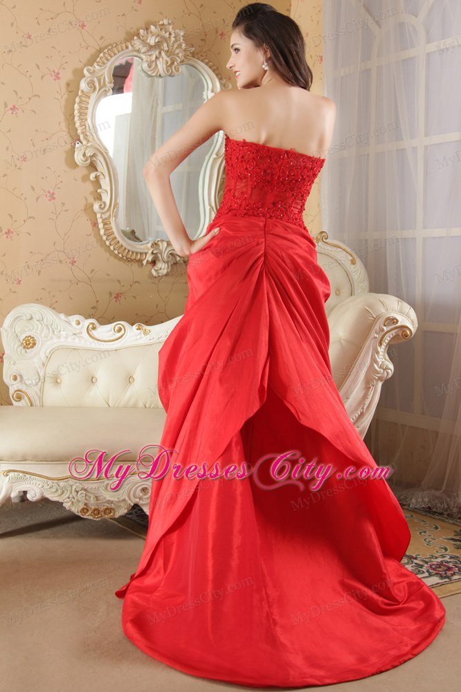 With Brush Train Red A-line Strapless Prom Dress Taffeta Lace