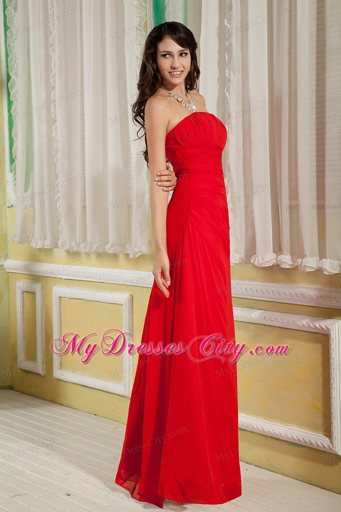 Column Strapless Red Prom Dress Floor-length Chiffon Ruche