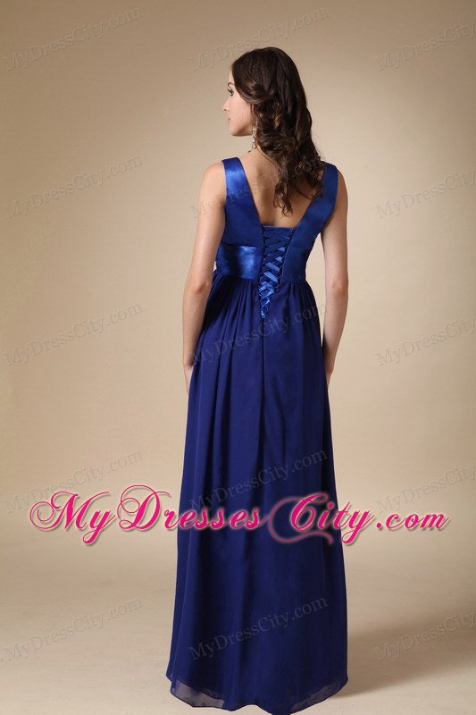 V-neck Flowers Empire Satin and Chiffon Royal Blue Prom Dresses