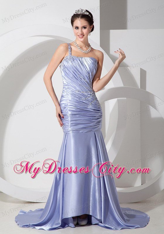 One Shoulder Ruched Appliques Mermaid Lilac Prom Dresses 2013
