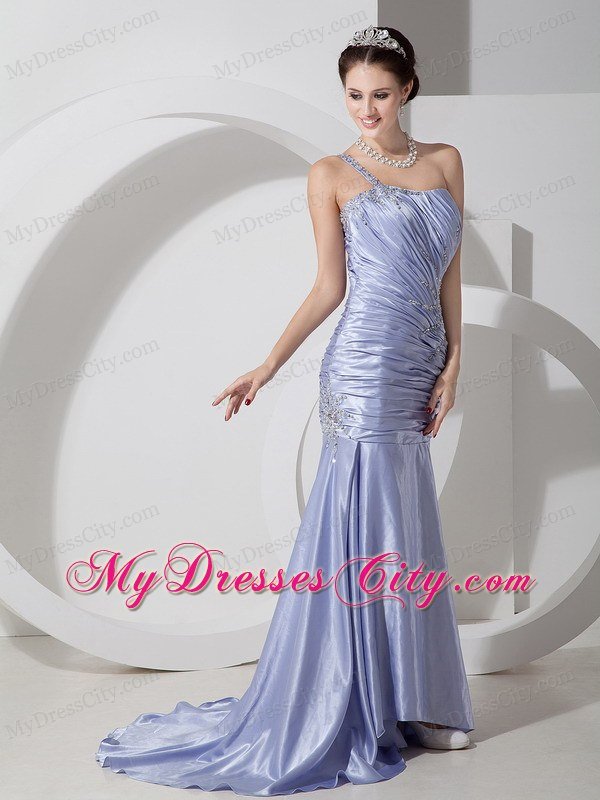 One Shoulder Ruched Appliques Mermaid Lilac Prom Dresses 2013