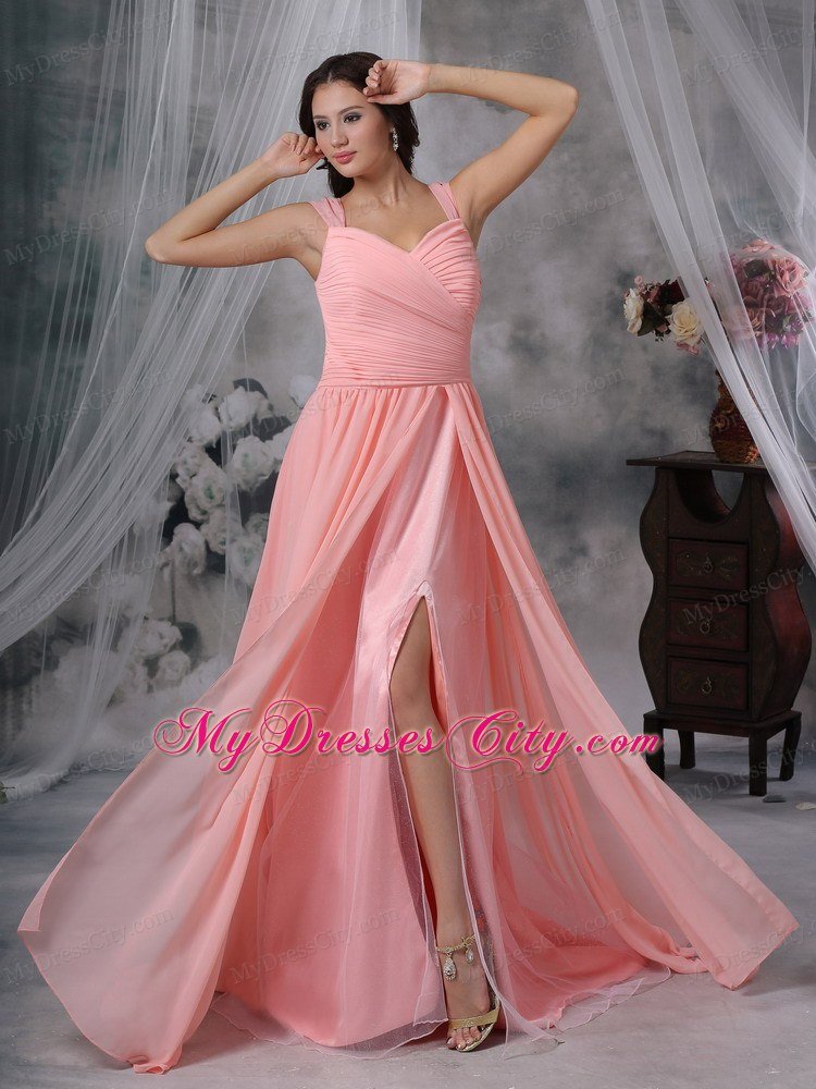 High Slit Chiffon Straps Ruching Watermelon Prom Dresses for Women