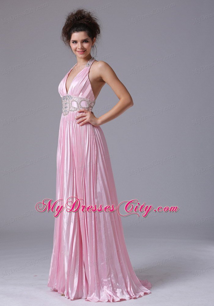 Sexy Halter Pleats Beaded Baby Pink 2013 Prom Dress for Girls