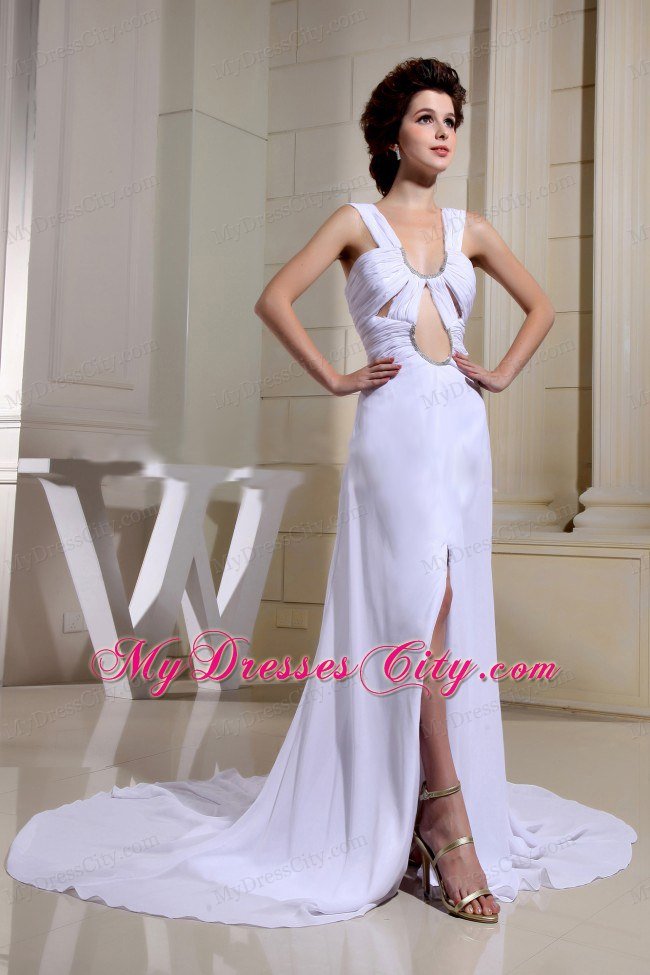 High Slut Straps Ruched Court Train White Prom Dress with Cut Outs