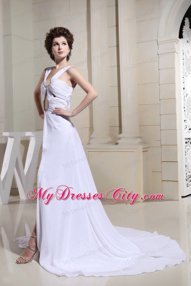 High Slut Straps Ruched Court Train White Prom Dress with Cut Outs