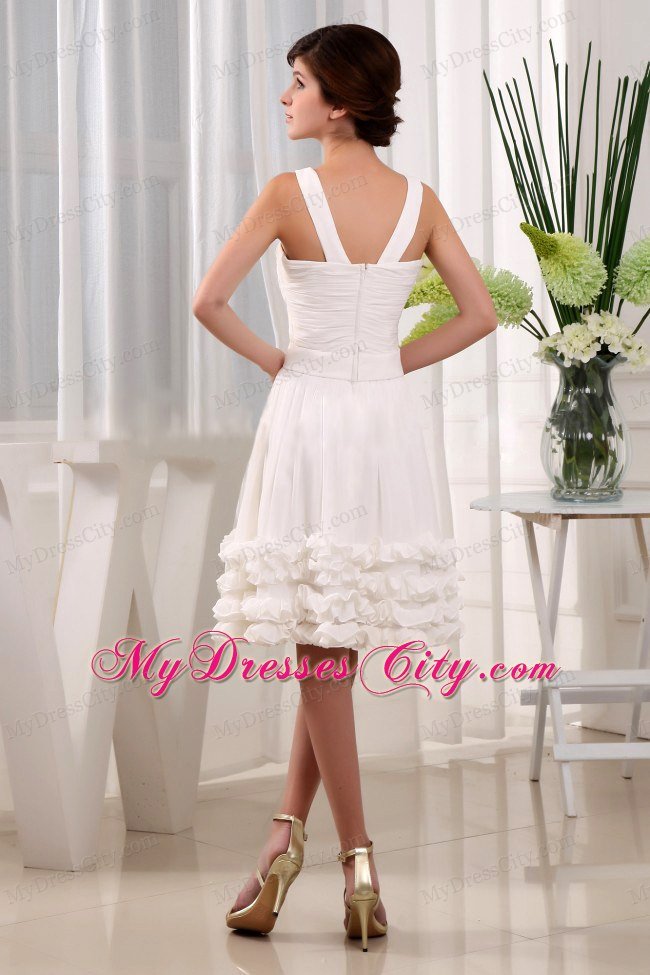 V-neck Straps A-Line Chiffon Ruffles Knee-length White Prom Dress