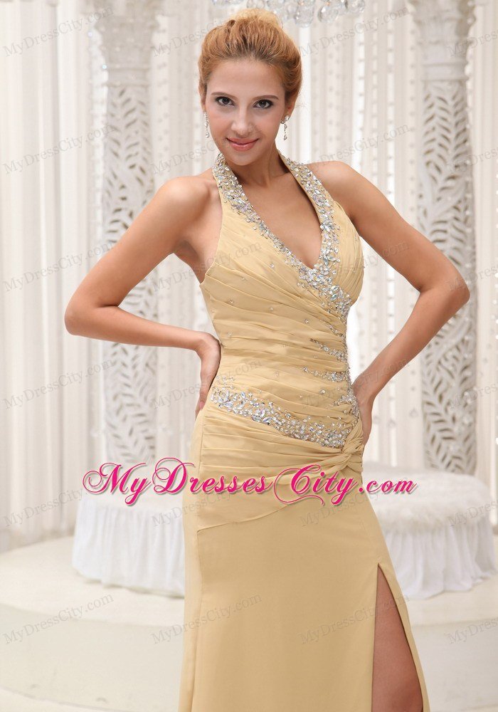 High Slit Beaded Halter Champagne Prom Dress For 2013