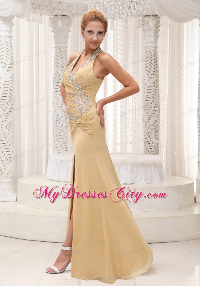 High Slit Beaded Halter Champagne Prom Dress For 2013