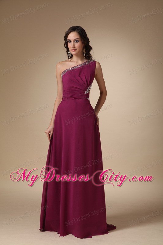 Burgundy One Shoulder Chiffon Prom Dress with Cutout Back