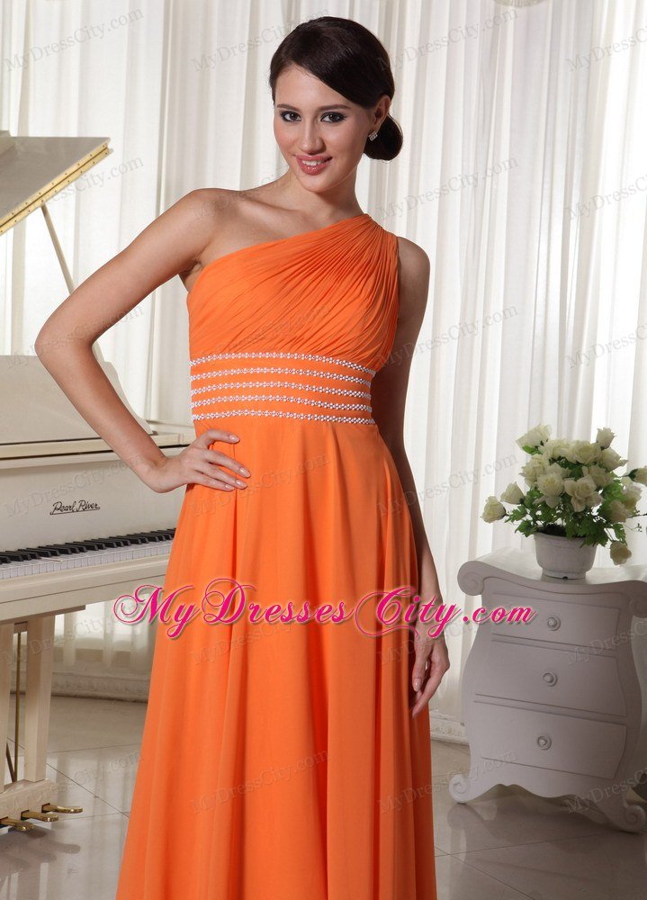 Orange Chiffon Beaded Decorate Waist One Shoulder Prom Dress