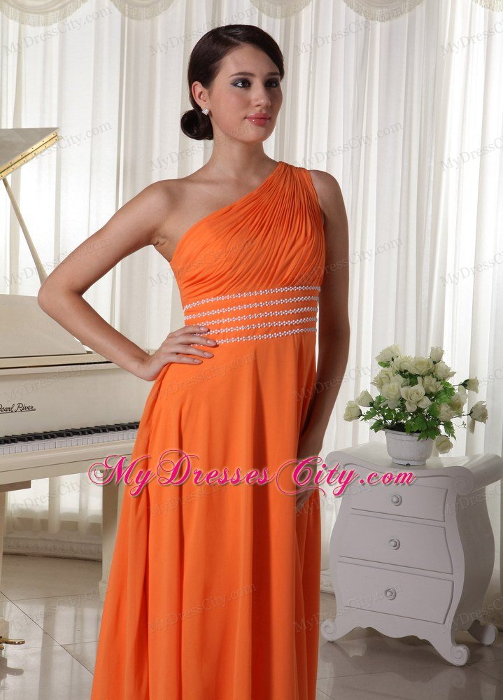 Orange Chiffon Beaded Decorate Waist One Shoulder Prom Dress