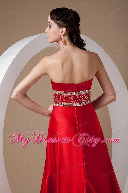 High-low Red A-line Beading Prom Dress with Elastic Wove Satin