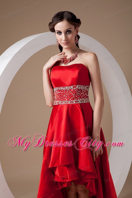 High-low Red A-line Beading Prom Dress with Elastic Wove Satin