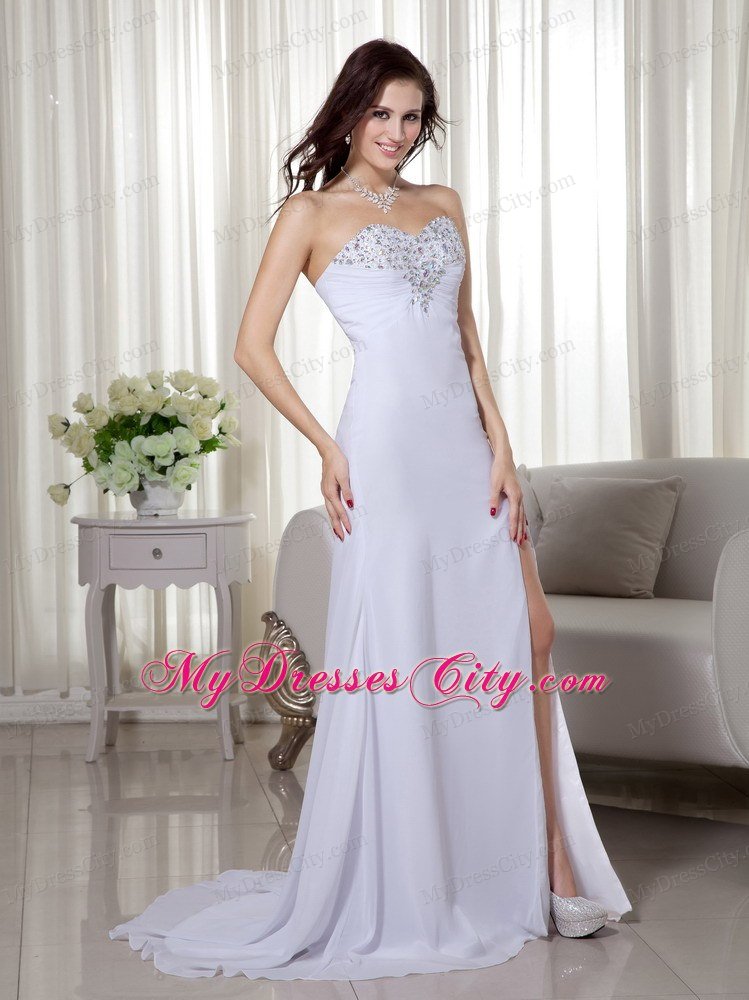 White Column Chiffon High Silt Prom Dress with Brush Train
