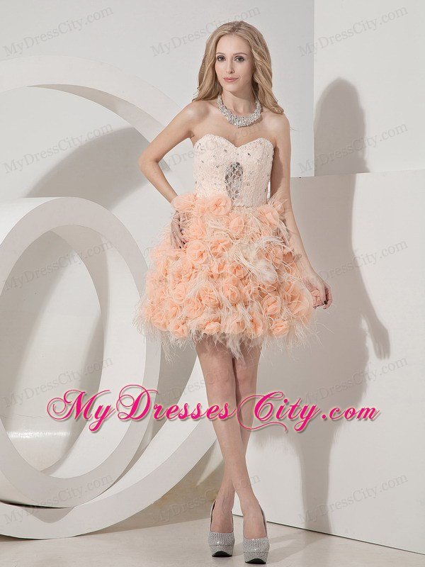 Mini-length Organza and Lace Flowers Prom Dress in Peach Color