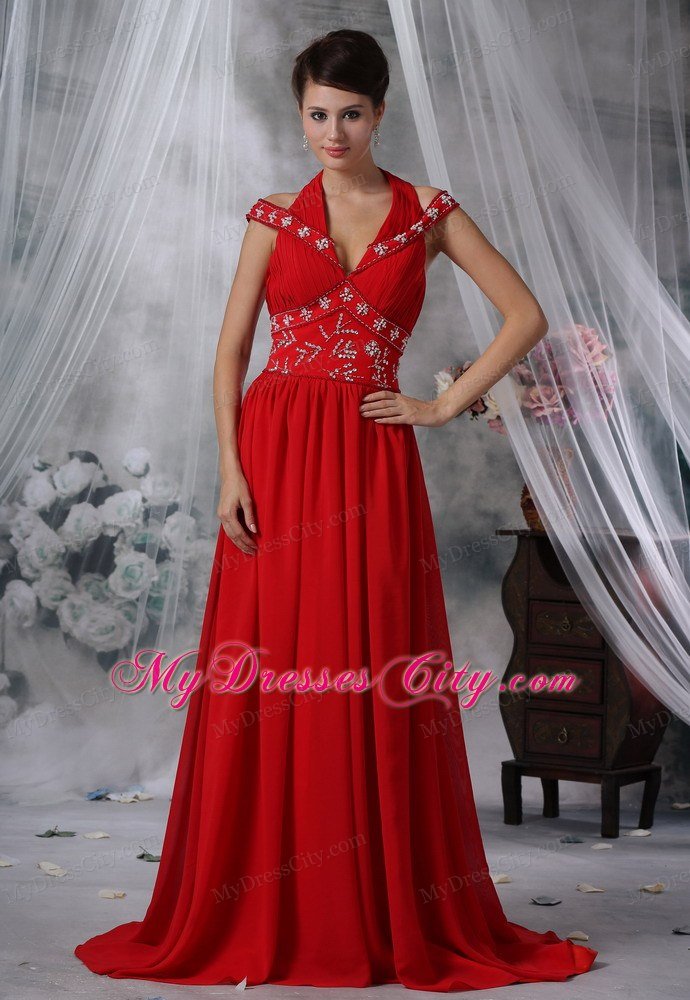V-neck Beaded Decorate Waist Brush Train Red Chiffon Prom Dress