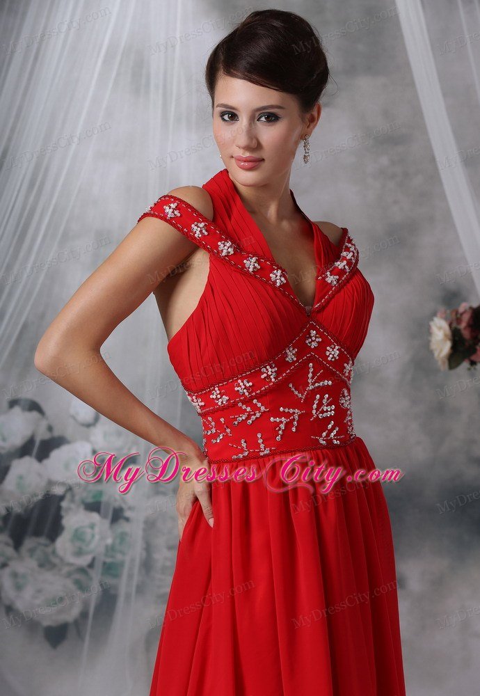 V-neck Beaded Decorate Waist Brush Train Red Chiffon Prom Dress
