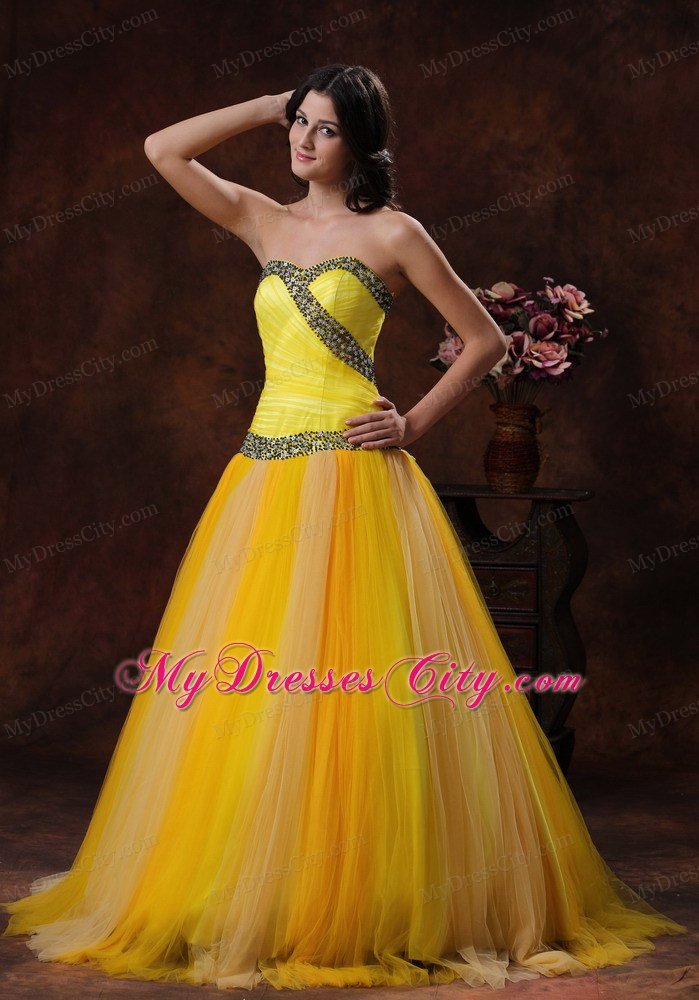 Yellow Tulle A-line Sweetheart Beaded Decorate Prom Dress